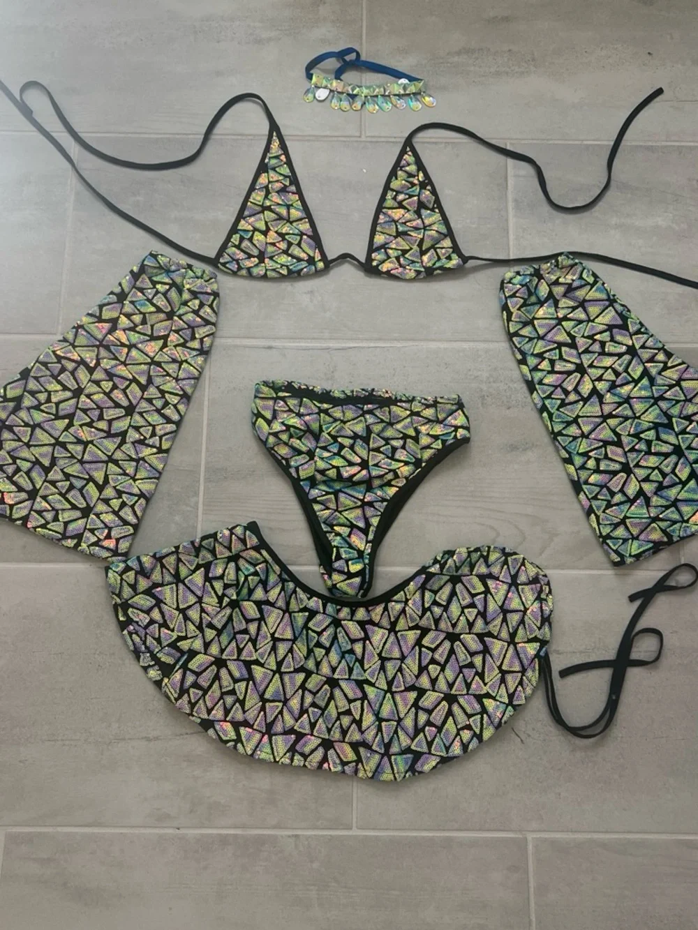 The Lumi Shop. Festival Green Mosaic Triangle Bikini Set with Flared Mini Skirt